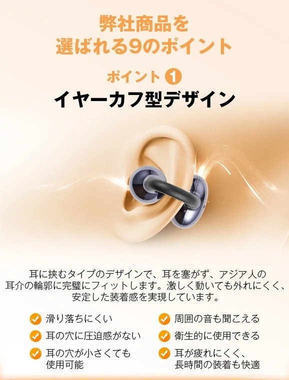 イヤーカフ型イヤホンの装着イメージ