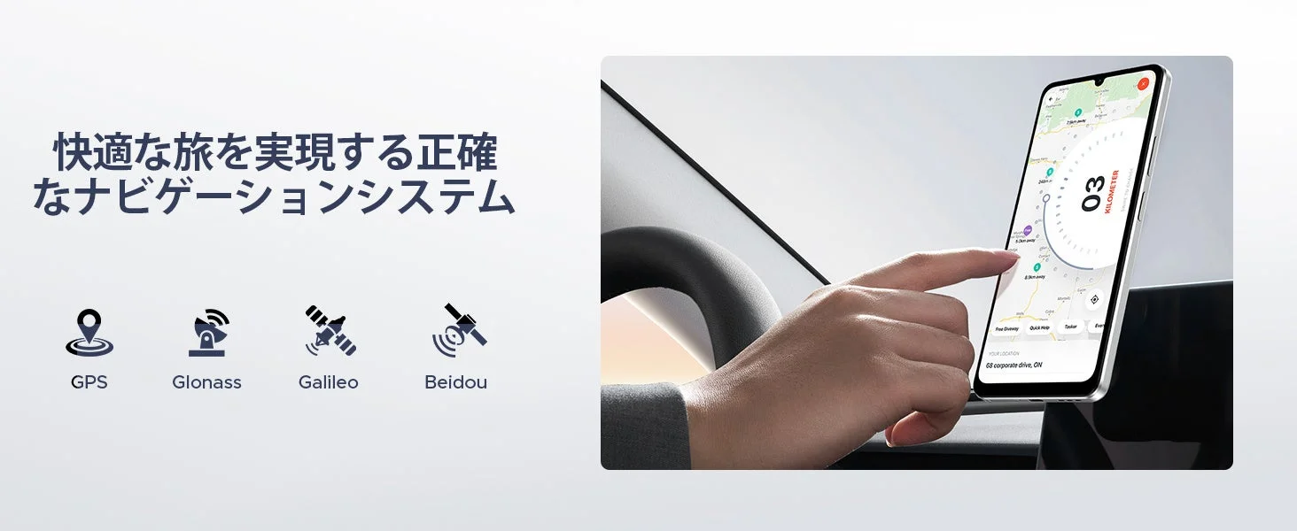 快適な旅を実現する正確なナビゲーションシステムを紹介する画像です。車載されたスマートフォンに地図アプリが表示され、GPS、Glonass、Galileo、Beidouといった複数の衛星測位システムに対応していることが示されています。