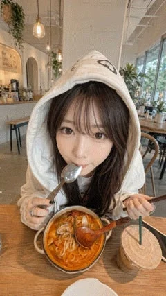 女性が食事している画像