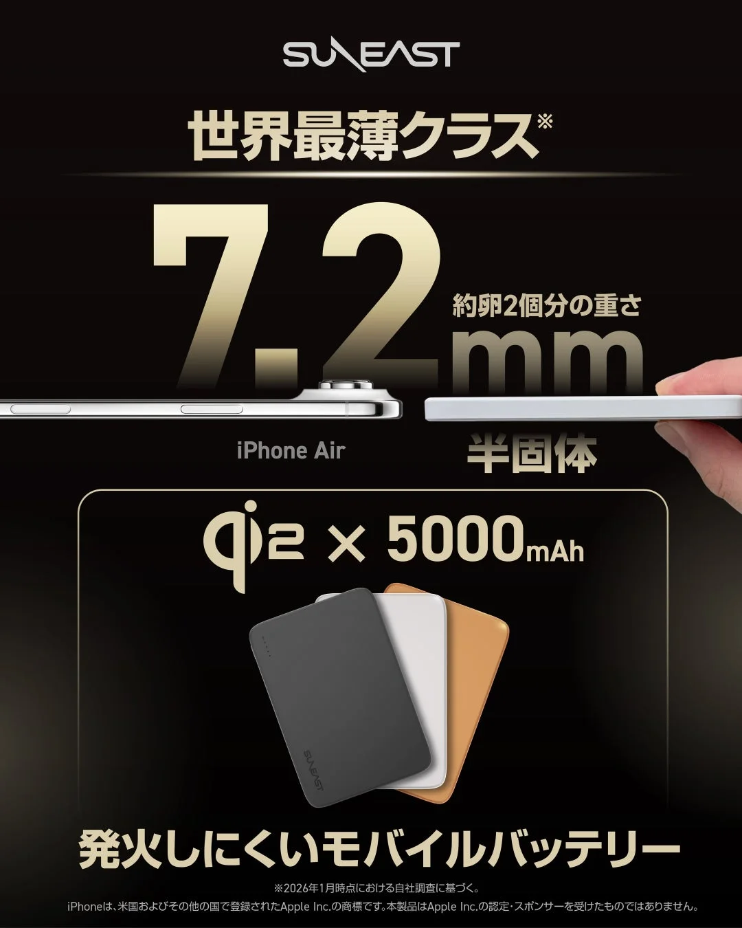 SUNEAST、世界最薄クラス×半固体バッテリー採用の新型モバイルバッテリーを本日予約開始！安全性と利便性を両立