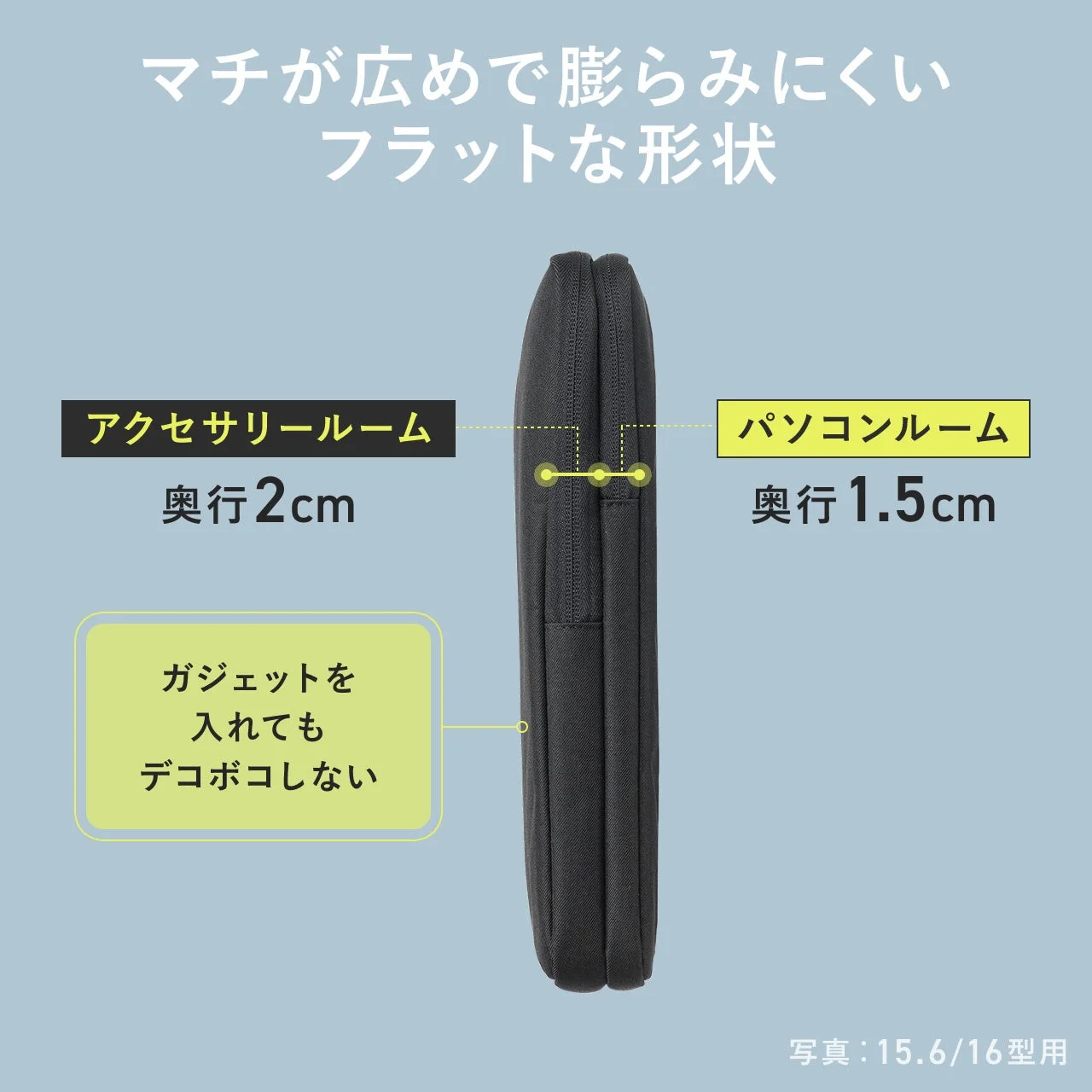 マチが広めで膨らみにくいフラットな形状のPCケース