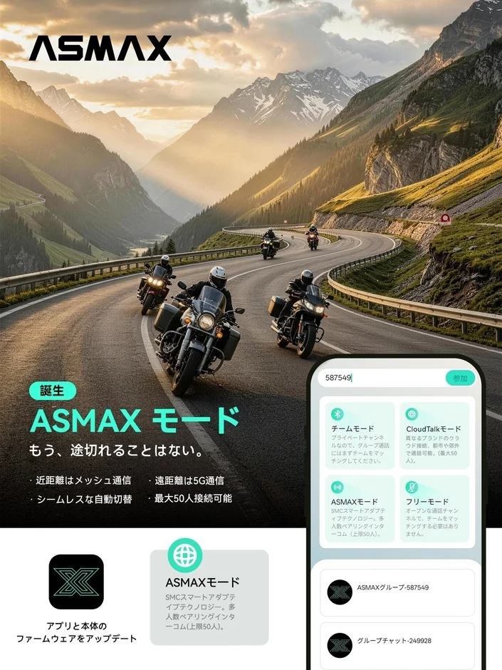 バイク向け次世代インカム「ASMAX Mode」が世界発表！50人接続＆4G/5G自動切替で途切れない長距離通信を実現