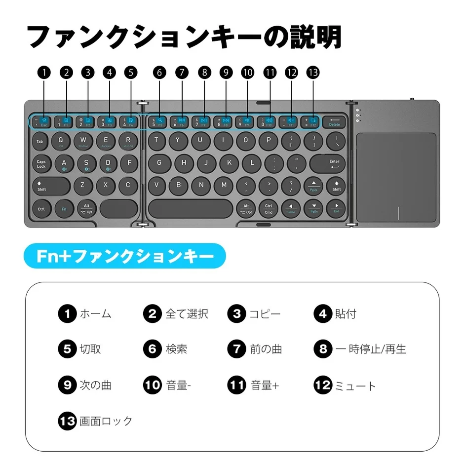 折りたたみ式キーボードのファンクションキーとFnキーの組み合わせによる機能について