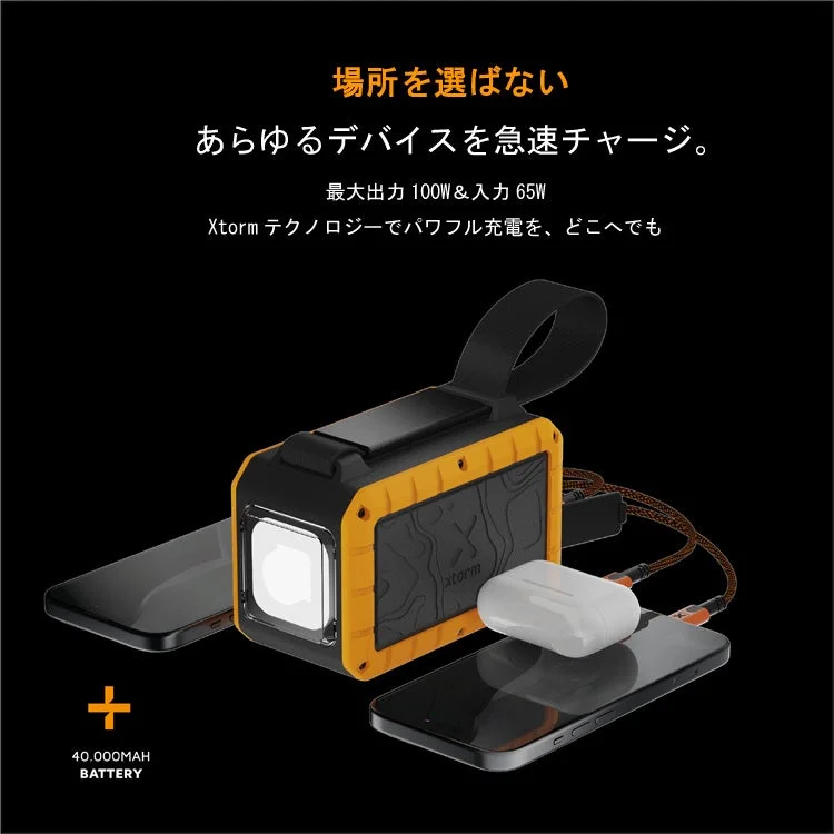 場所を選ばない あらゆるデバイスを急速チャージ。 最大出力 100W & 入力 65W Xtorm テクノロジーでパワフル充電を、どこへでも Xtorm 40.000MAH BATTERY