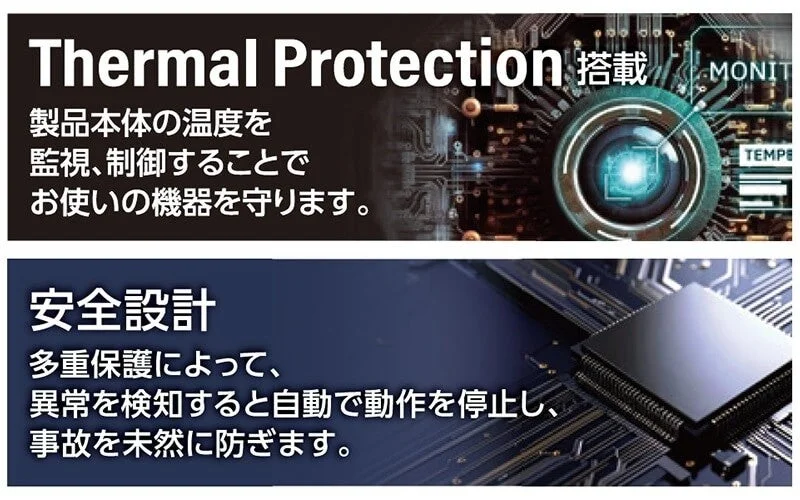 電子機器の熱保護と安全設計について説明する図です。