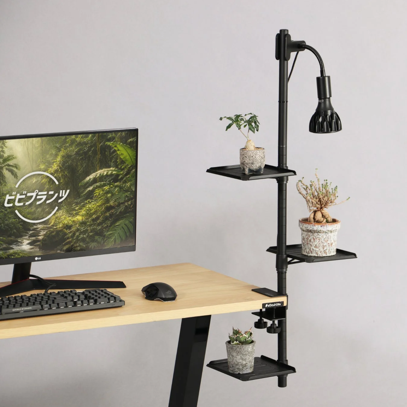 デスクとPCモニターが置かれたワークスペースの横に、複数段の棚と育成ライトが付いた植物スタンド