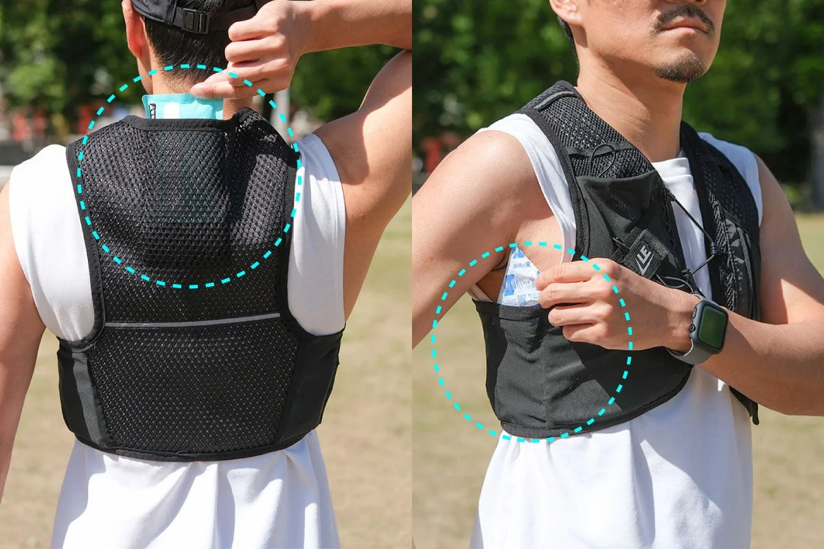 ランニングベストを着用した男性が、首元と脇のポケットに冷却パックを装着している様子