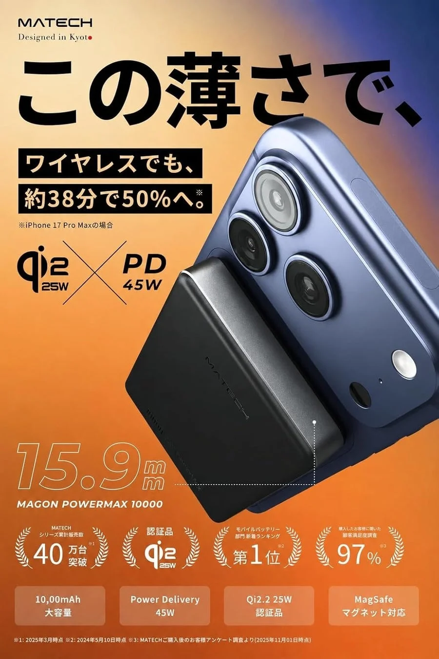 MATECH Designed in Kyoto この薄さで、ワイヤレスでも、約38分で50%へ。※iPhone 17 Pro Maxの場合 qi2 25W PD 45W 15.9mm MAGON POWERMAX 10000