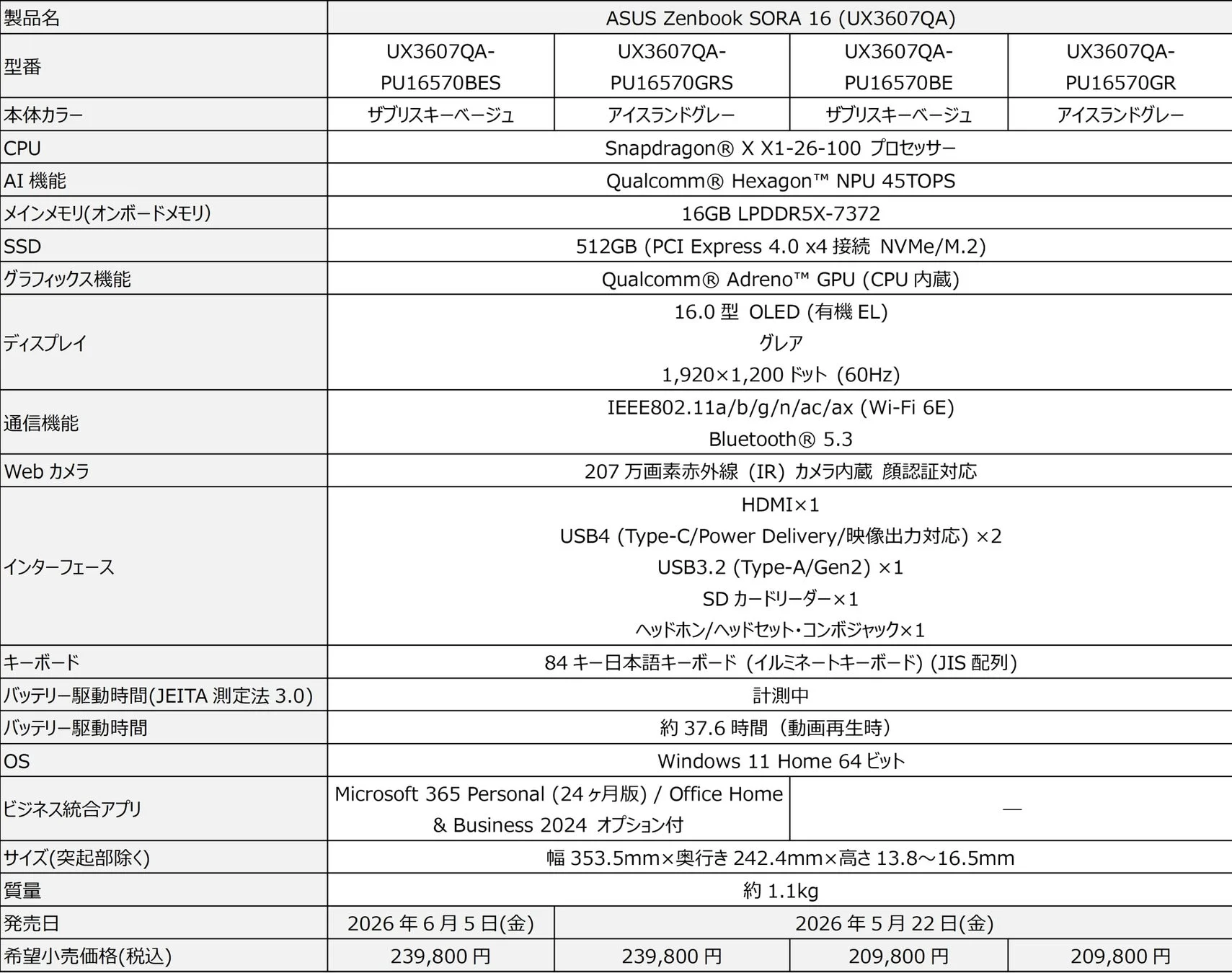ASUS Zenbook SORA 16 (UX3607QA) 製品スペック