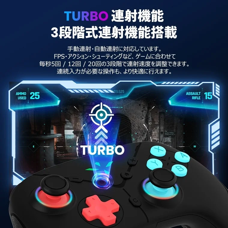 TURBO 連射機能 3段階式連射機能搭載 手動連射・自動連射に対応しています。
