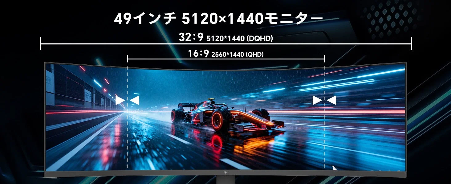 49インチウルトラワイドモニターでF1レーシングカーの映像を表示