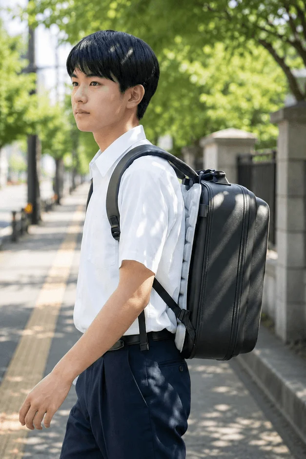 白いシャツと黒いバックパックを背負った若い男性が、新緑がまぶしい歩道を歩いています。日差しが降り注ぐ屋外で、どこかを見つめるような横顔が印象的です。