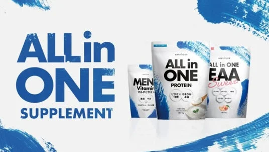 「ALL in ONE」と書かれたロゴと、同ブランドのサプリメント製品が複数並べられた画像です。ALL in ONE PROTEIN、ALL in ONE EAA Sweet、MEN Vitamin マルチビタミンという3種類の製品が確認できます。白と青を基調としたデザインで、健康やフィットネスに関心のある層をターゲットにしていることが伺えます。
