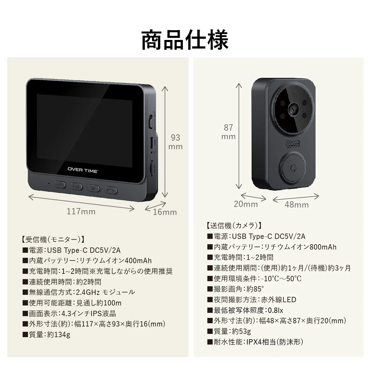 商品仕様,モニター,カメラ,受信機,送信機,電子機器,スペック,寸法,バッテリー,USB Type-C,無線通信,赤外線LED,IPX4
