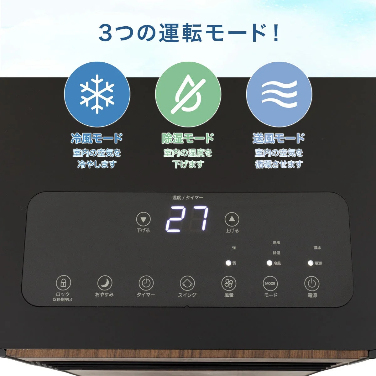 冷風、除湿、送風の3つの運転モードを搭載した空調家電の操作パネルです。デジタル表示で温度「27」が示されており、ロック、おやすみ、タイマー、スイング、風量、モード、電源などの機能ボタンが分かりやすく配置されています。
