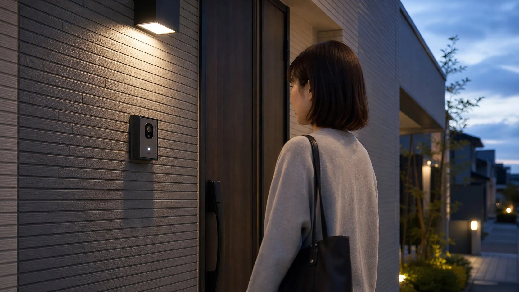 夕暮れの玄関に立つ女性の背中