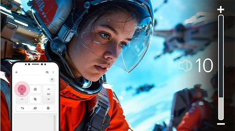 SF映画のようなパイロット姿の女性が映る画面と、それを操作するスマートフォンのリモコンアプリ、音量表示が合成された画像。未来的なエンターテイメント体験を示唆しています。