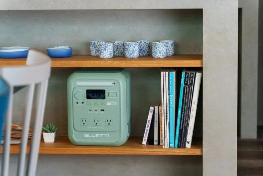 木製の棚に置かれたミントグリーン色のBLUETTIポータブル電源。