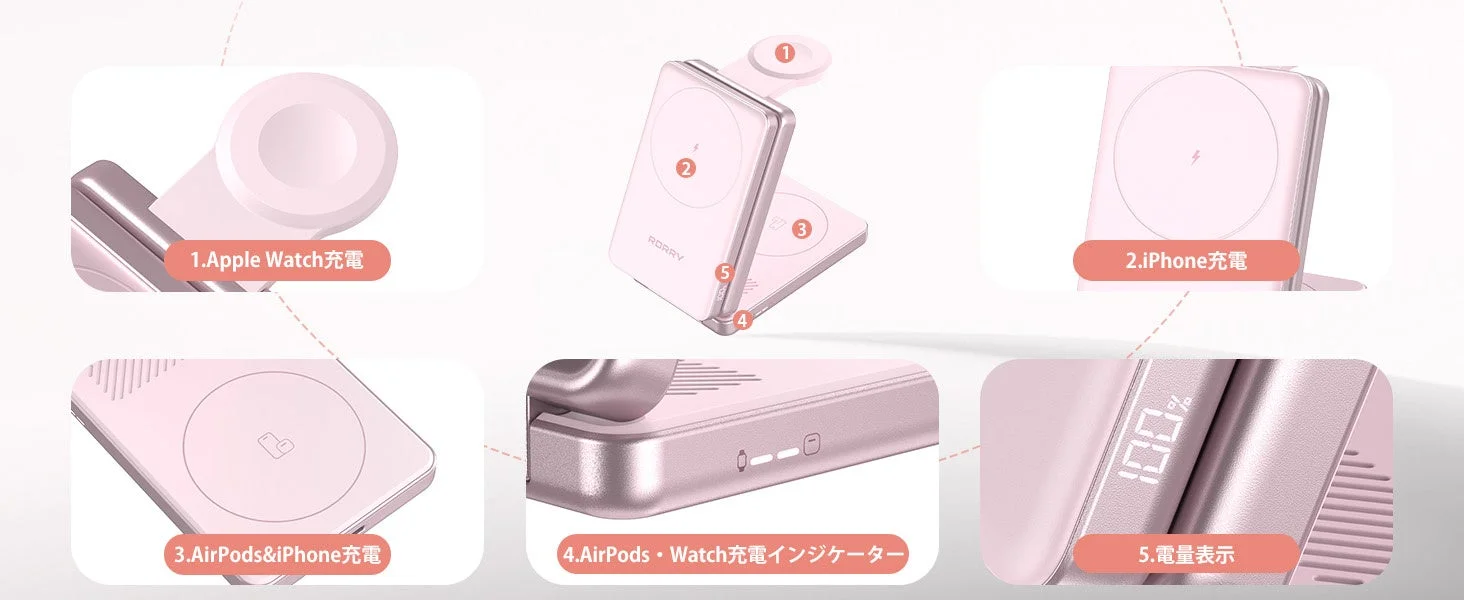 Apple Watch、iPhone、AirPodsを同時に充電できるピンク色の折りたたみ式ワイヤレス充電器