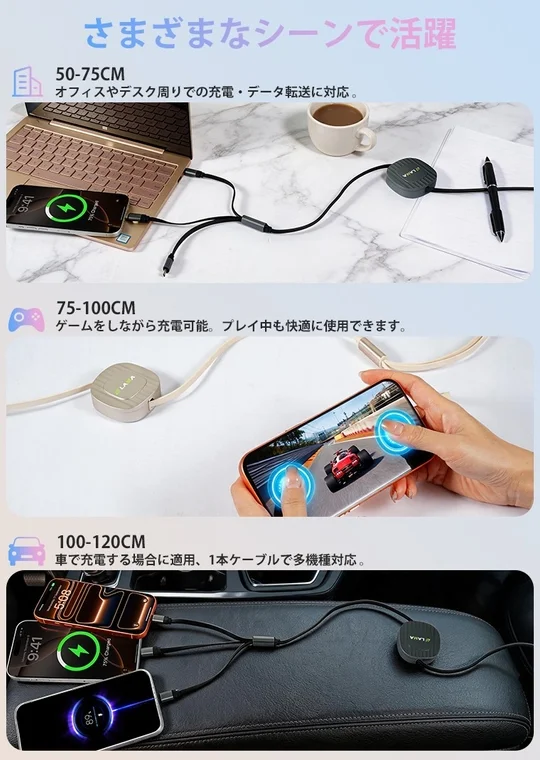 さまざまなシーンで活躍 50-75CM オフィスやデスク周りでの充電・データ転送に対応。 75-100CM ゲームをしながら充電可能。プレイ中も快適に使用できます。 100-120CM 車で充電する場合に適用、1本ケーブルで多機種対応。 9:41 7% Charge 89% LAOA