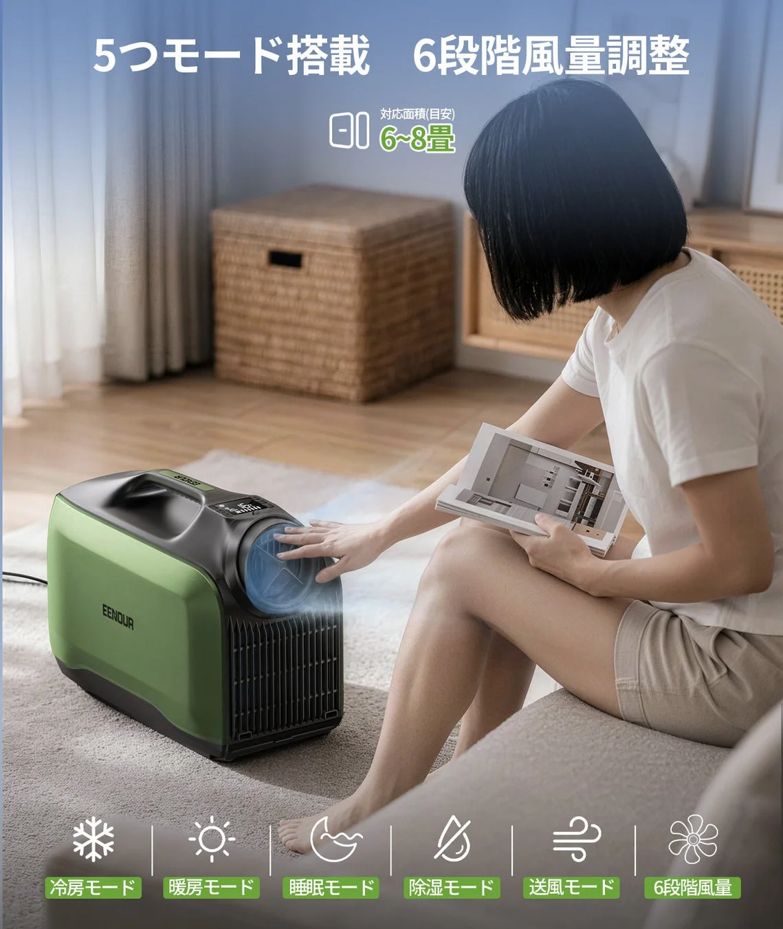 ポータブルエアコンEENOURを使用する女性と5つのモード