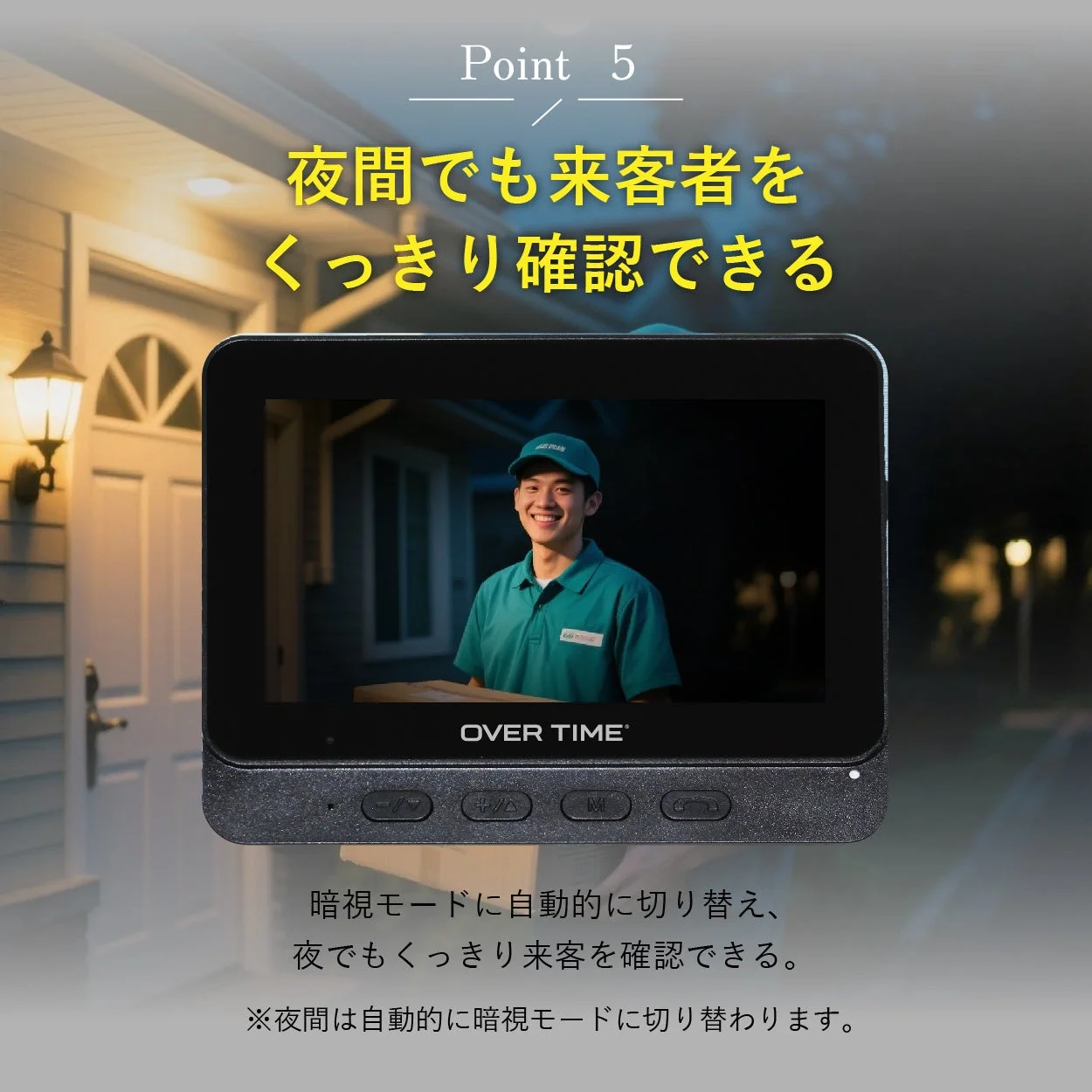 ドアホン,インターホン,夜間視認,暗視モード,防犯カメラ,宅配,配達員,玄関,セキュリティ,モニター