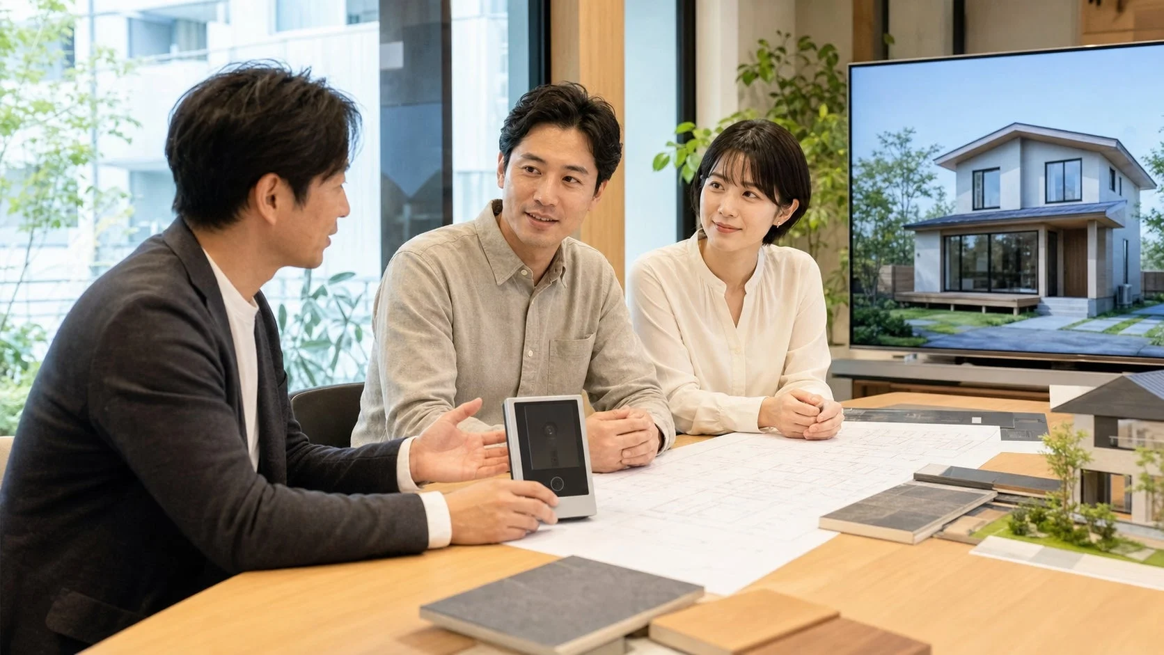 住宅の打ち合わせをする夫婦と担当者