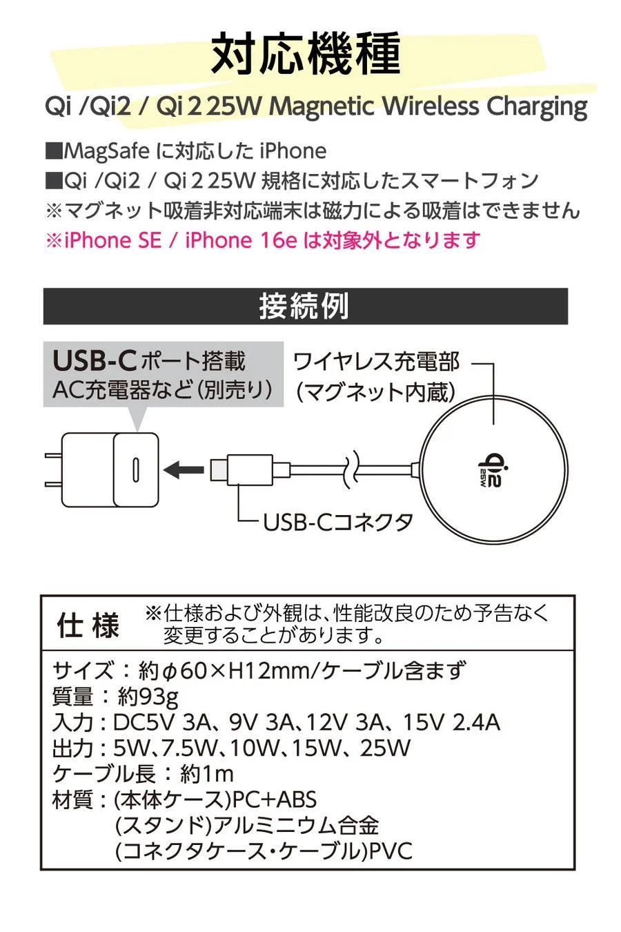 25W磁気ワイヤレス充電器の対応機種、接続例、詳細な仕様を示す画像です。MagSafe/Qi対応iPhoneやスマートフォンに利用でき、USB-C接続で最大25W出力。サイズ、質量、入出力、材質などの製品情報が掲載されています。