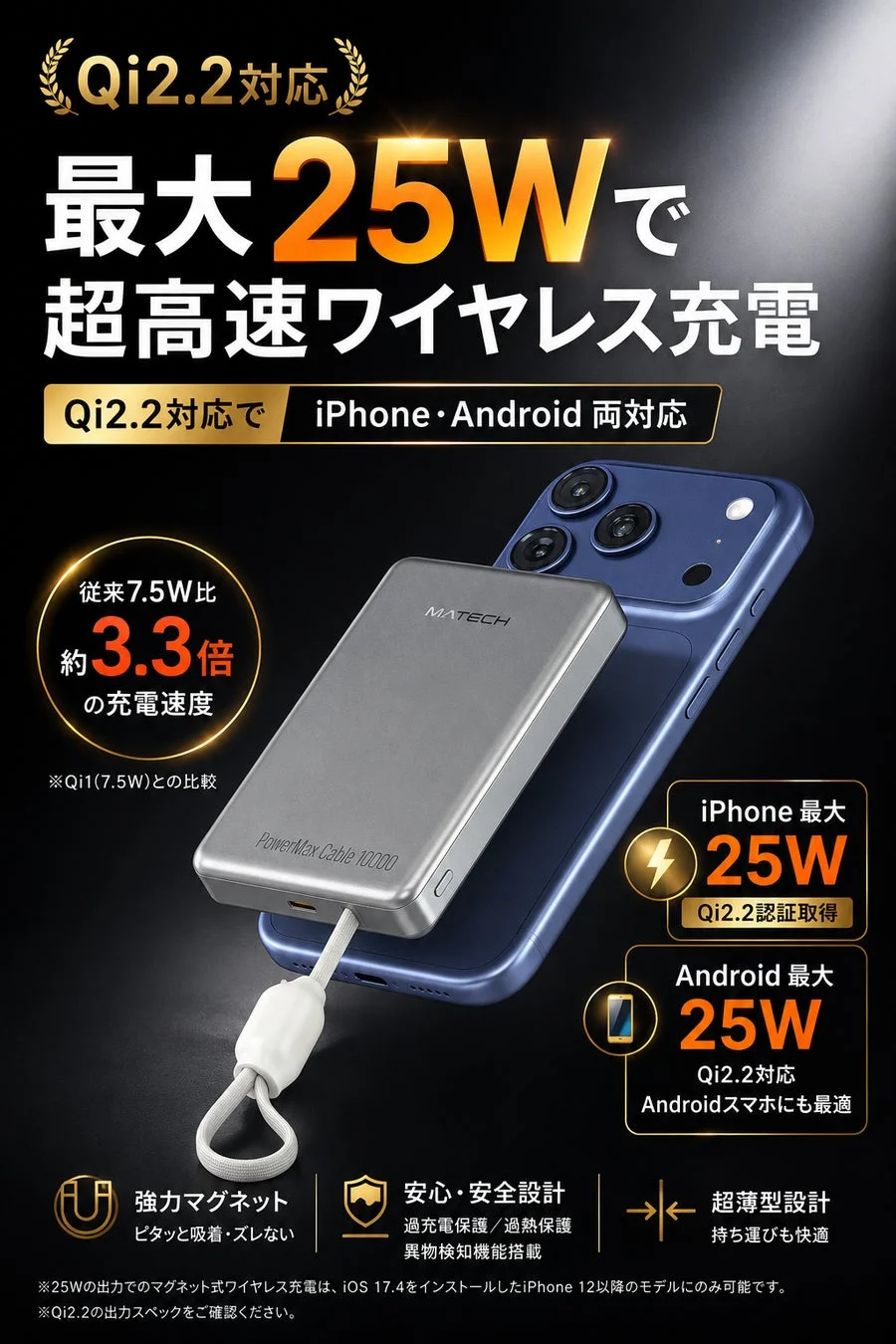 Qi2.2対応 最大25Wで超高速ワイヤレス充電