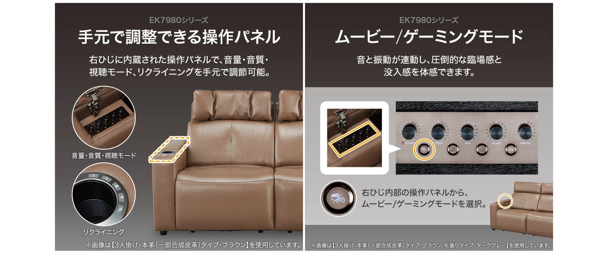 右ひじの操作パネルで音量、音質、視聴モード、リクライニングを調整できるソファ