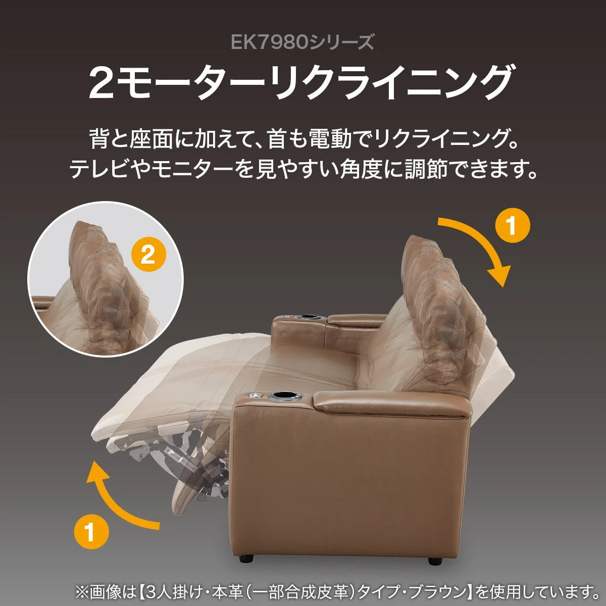 背もたれ、座面、首が電動で調整可能な2モーター電動リクライニングソファ