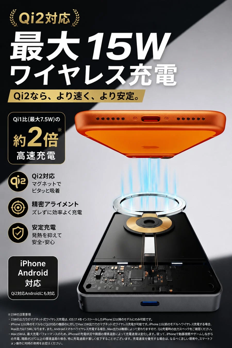 Qi2対応15Wワイヤレス充電のイメージ