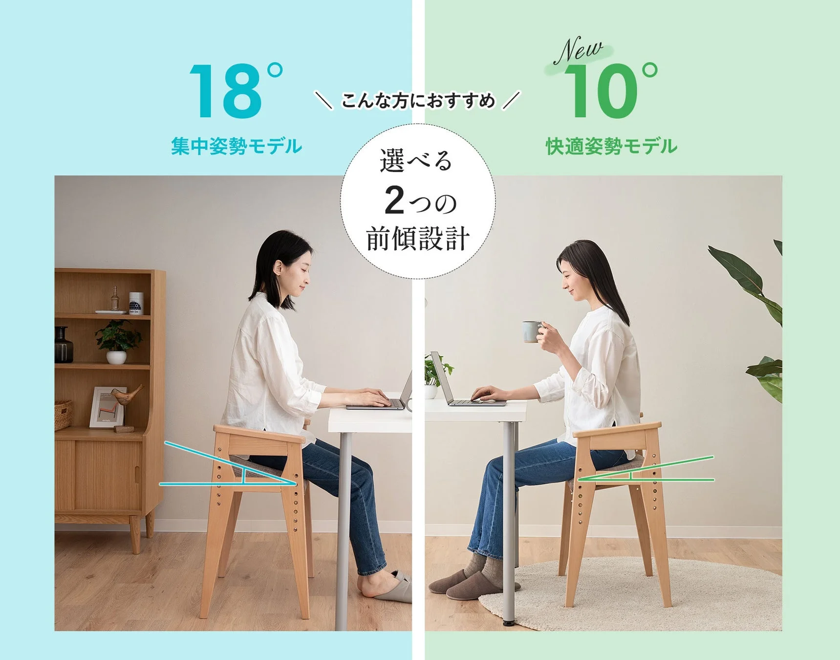 18°集中姿勢モデルと10°快適姿勢モデルの比較