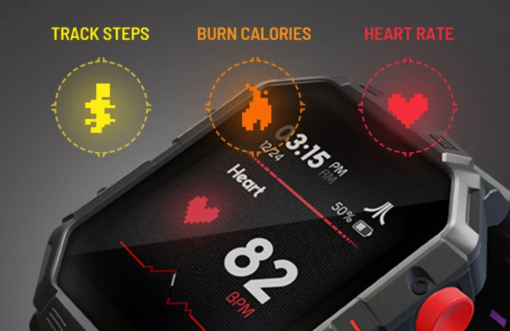 TRACK STEPS BURN CALORIES HEART RATE 03:15 PM 12/24 Heart 82 BPM 50%