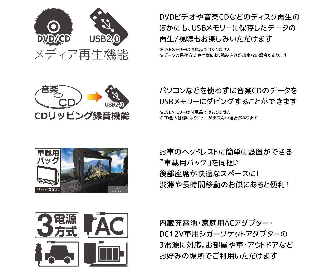 DVD/CD USB2.0 メディア再生機能、CDリッピング録音機能、車載用バッグ、3電源方式