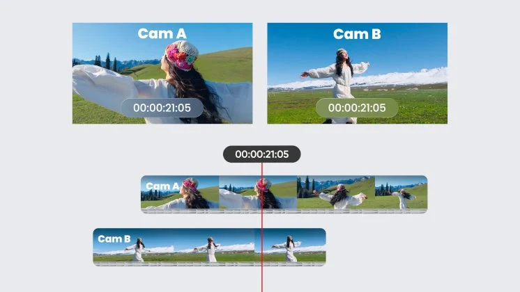 屋外で両腕を広げる女性を映した二つのカメラ(Cam A、Cam B)の映像と、それらを同期させたタイムラインを表示する動画編集画面です。