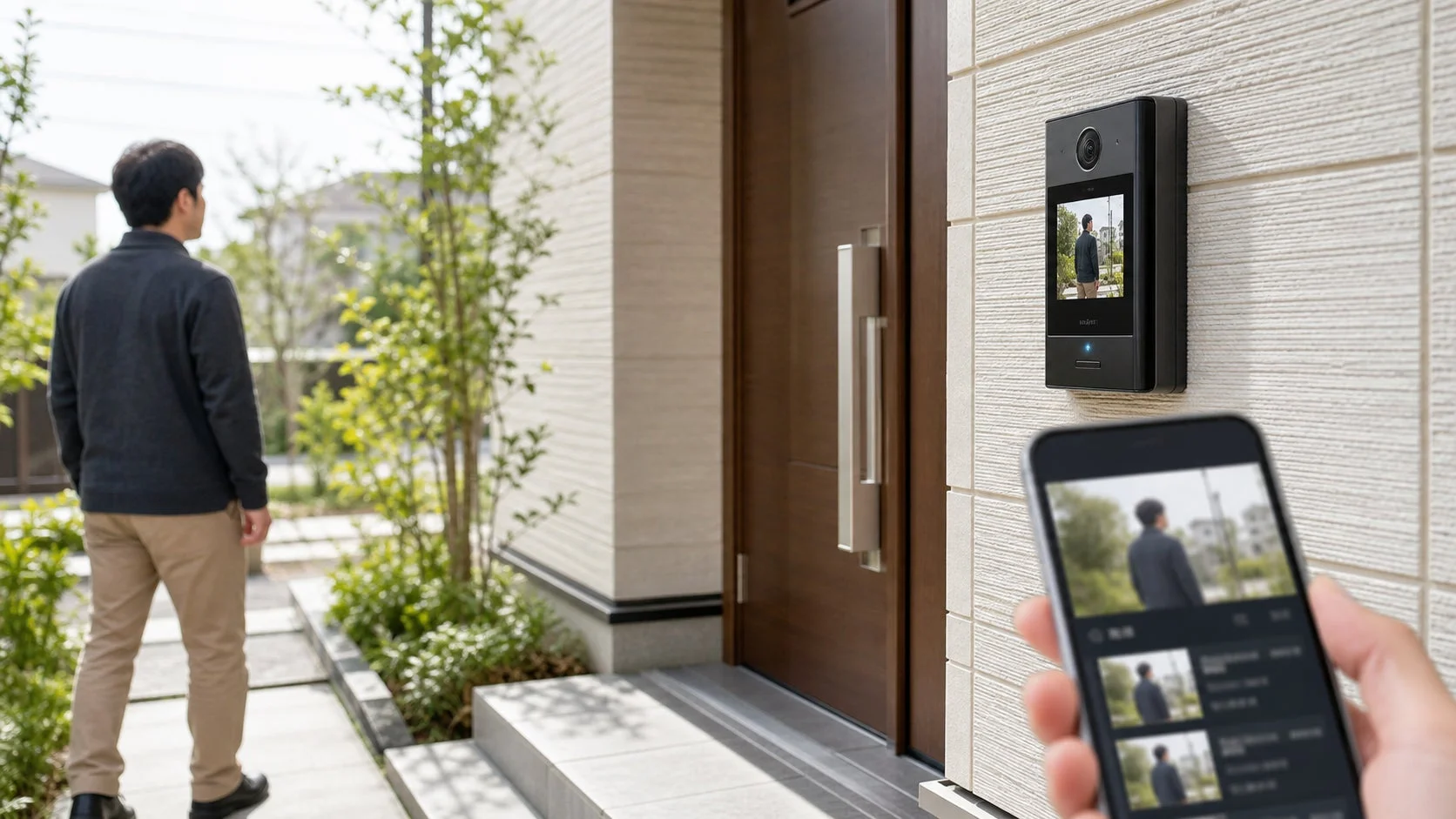 モダンな住宅の玄関に設置されたスマートドアベルが、立ち去る男性の姿を捉えています。手前では、別の人物がスマートフォンでその映像を監視しており、最新のホームセキュリティシステムが機能している様子を示しています。