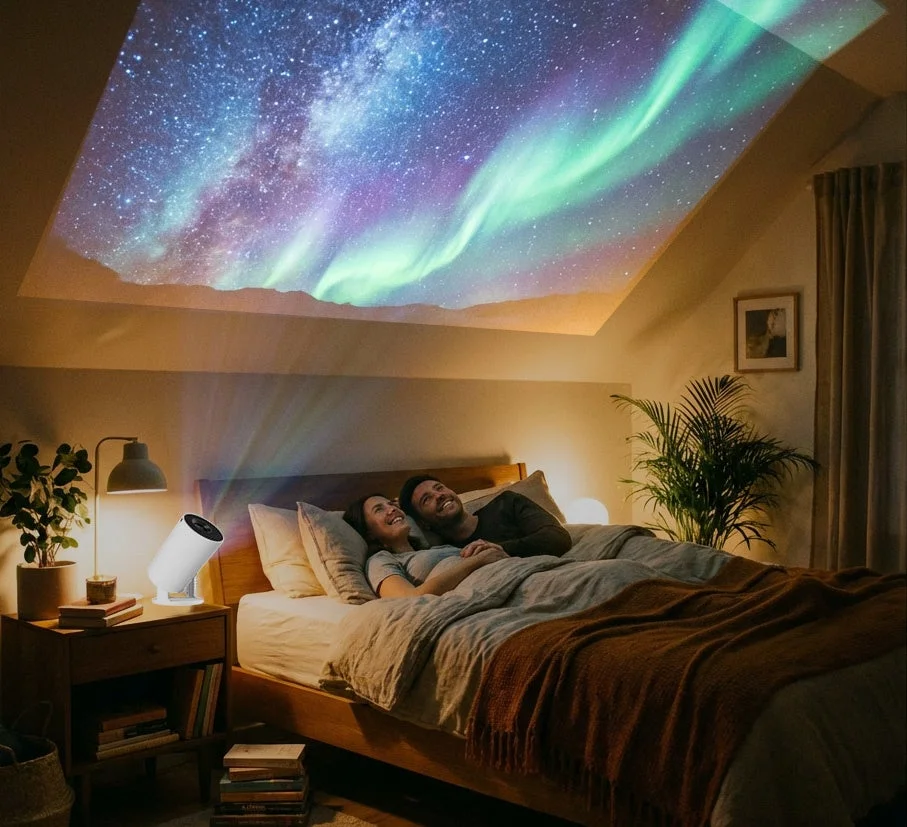 カップルが寝室で星空を鑑賞