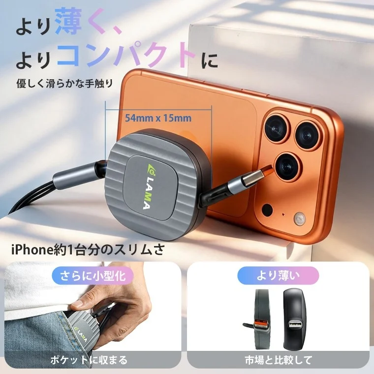 より薄く、よりコンパクトに優しく滑らかな手触り54mm x 15mmiPhone約1台分のスリムささらに小型化ポケットに収まるより薄い市場と比較してLAMA