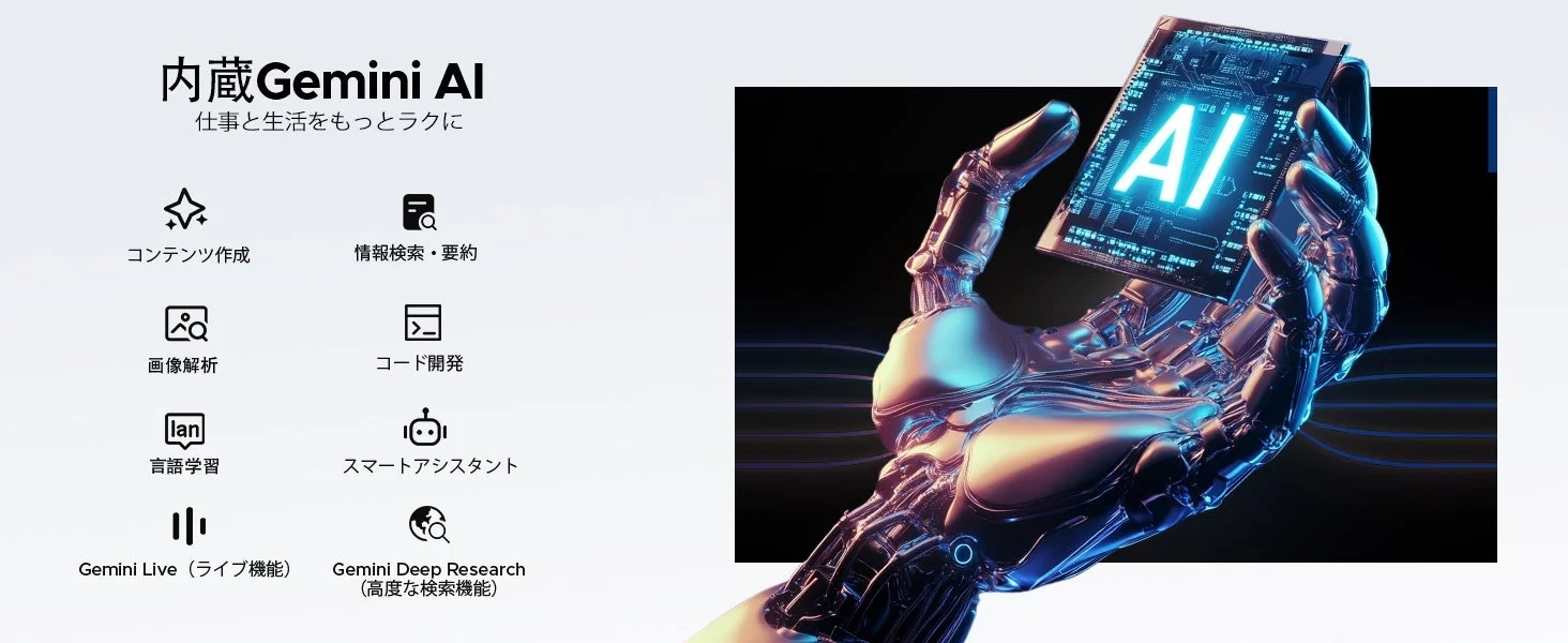 ロボットの手が「AI」チップを持ち、内蔵Gemini AIが仕事と生活を効率化する様子