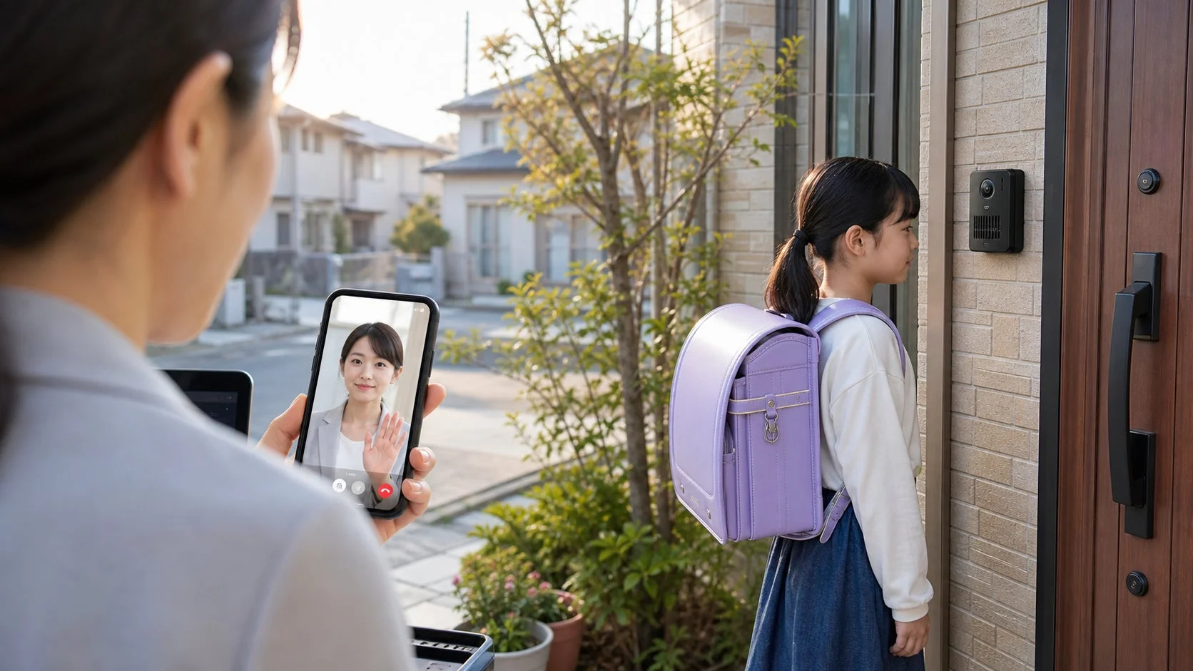 スマートフォンでビデオ通話をする女性が、玄関でランドセルを背負った子供とスマートインターホン越しに会話している。遠隔で子供の帰宅を見守る様子。