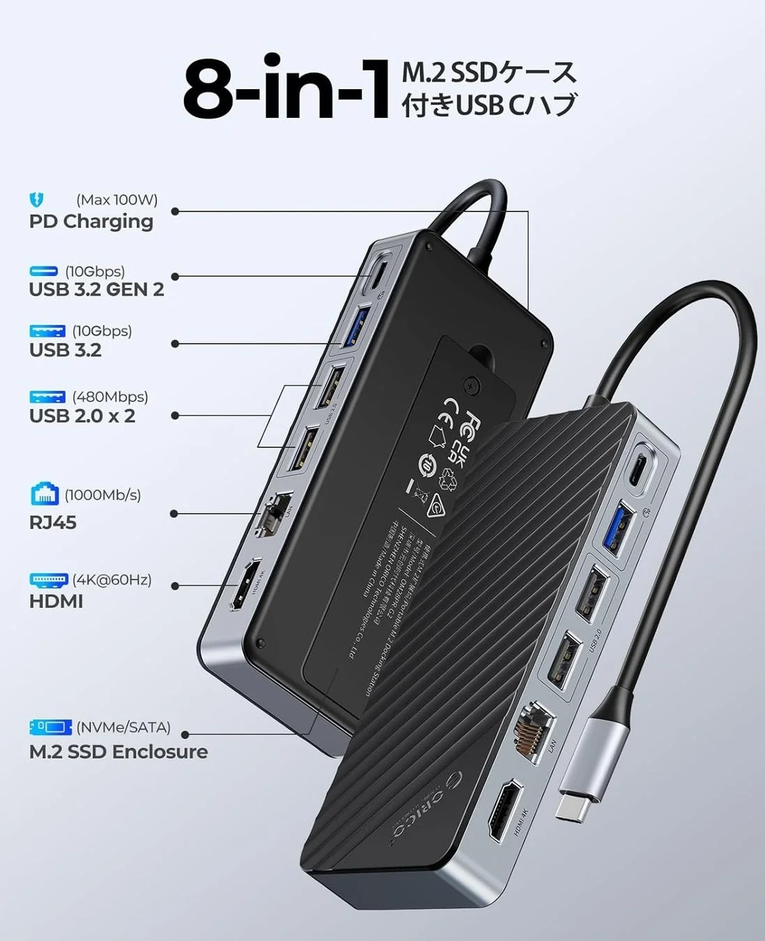 8-in-1 M.2 SSDケース付きUSB Cハブのインターフェース詳細