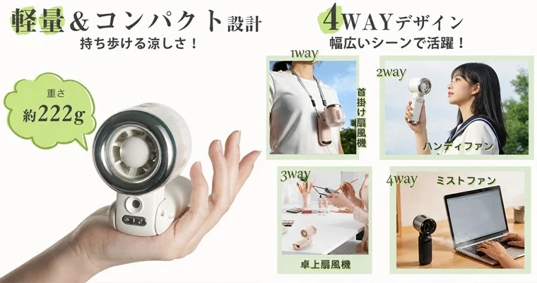 扇風機、ポータブルファン、ハンディファン、首掛け扇風機、卓上扇風機、ミストファン、軽量、コンパクト、4WAY、夏、冷却、ガジェット