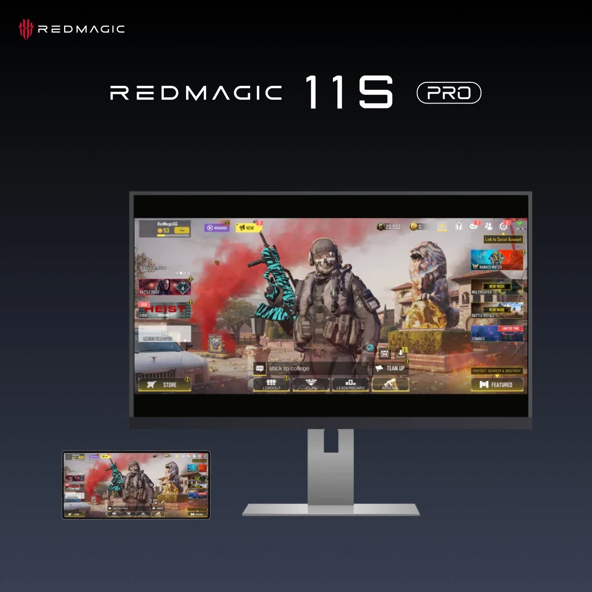 REDMAGIC 11S PROのロゴと、ゲーミングモニターに表示されたモバイルゲームの画面が特徴的な画像です。ゲーム画面にはキャラクターとメニューが表示されており、スマートフォンでも同じゲーム画面がミラーリングされています。ゲーミングデバイスのプロモーション画像と考えられます。