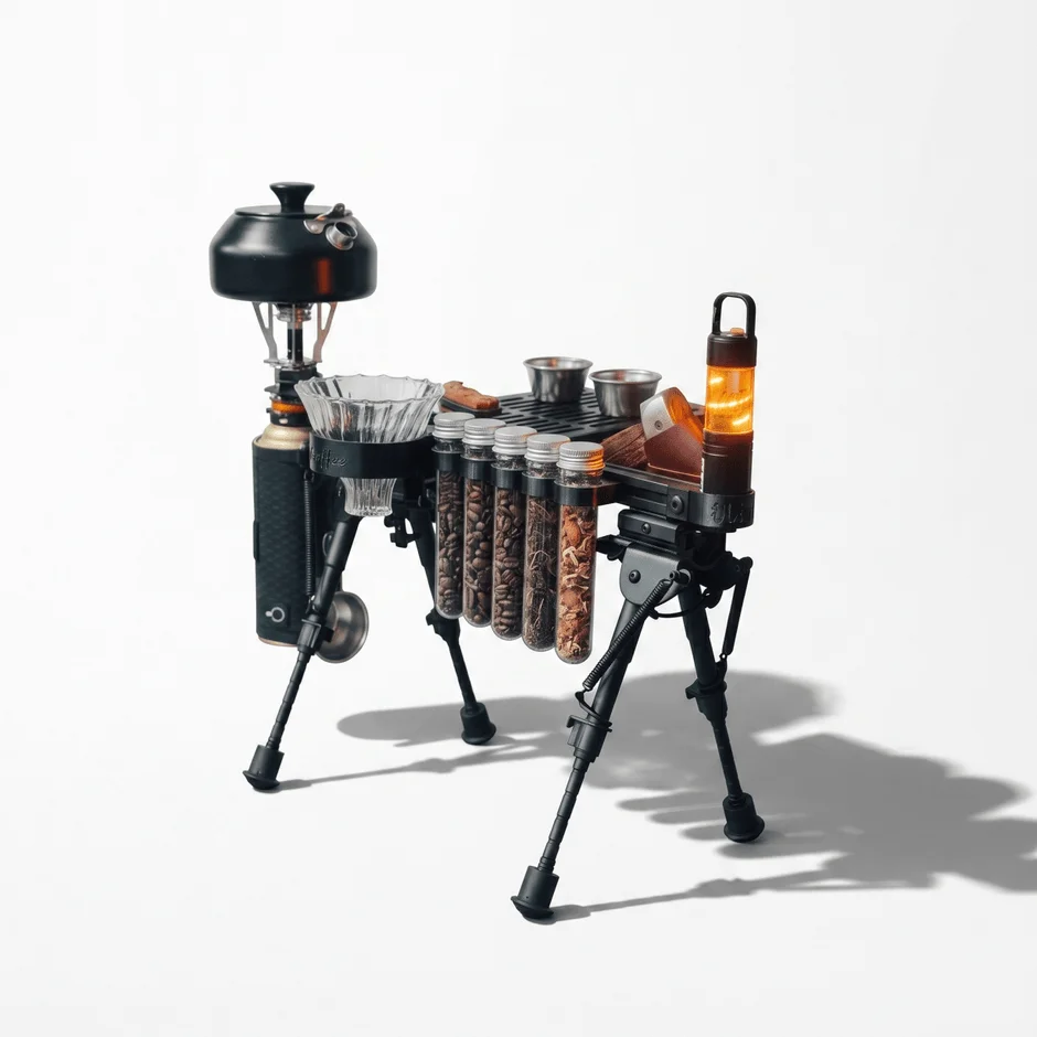 白い背景に、ケトルやコーヒー豆、ドリップ器具などがコンパクトにまとめられたポータブルなコーヒーセットが写っています。アウトドアでの使用を想定した機能的なデザインです。