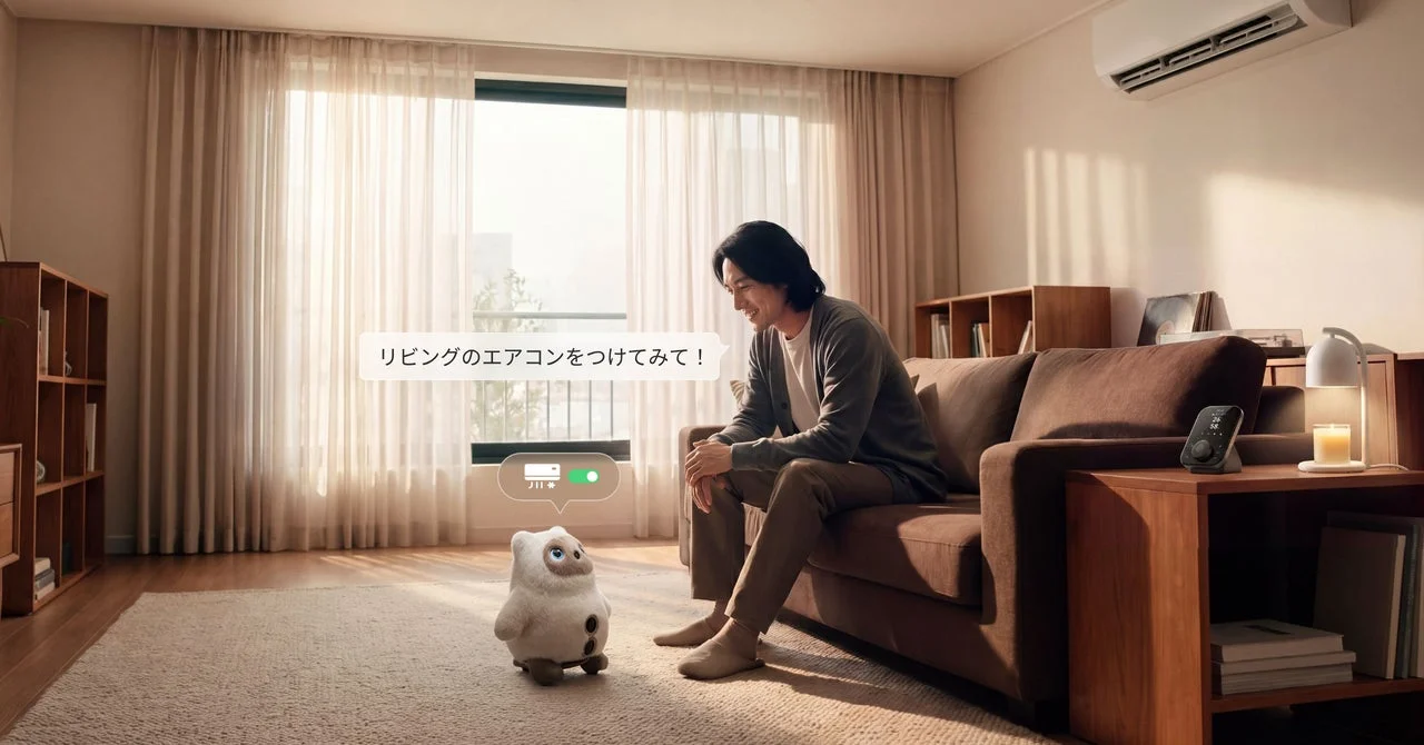 男性がソファに座り、KATAフレンズに「リビングのエアコンをつけてみて！」と話しかけている様子