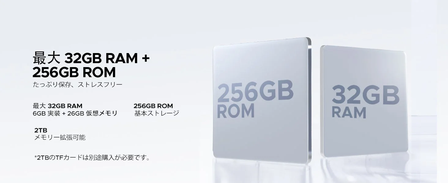 最大32GB RAMと256GB ROMのデバイスのメモリ・ストレージ性能を説明する画像