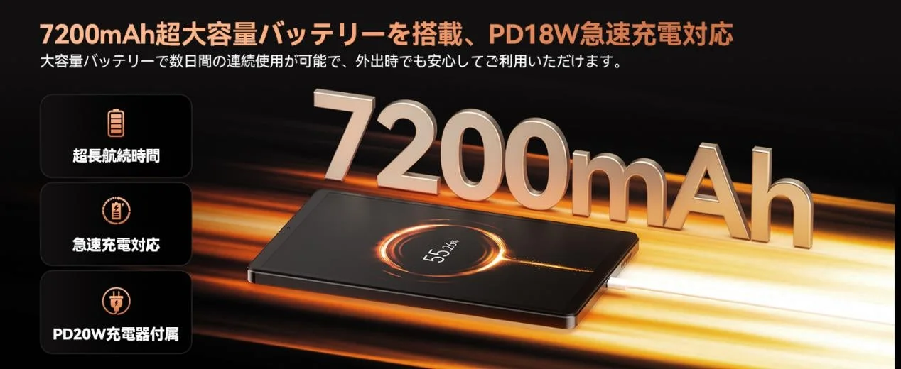 7200mAh超大容量バッテリーとPD18W急速充電