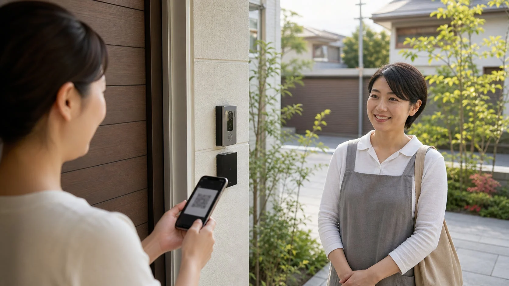 スマートフォンでQRコードを操作する女性と、エプロン姿の女性