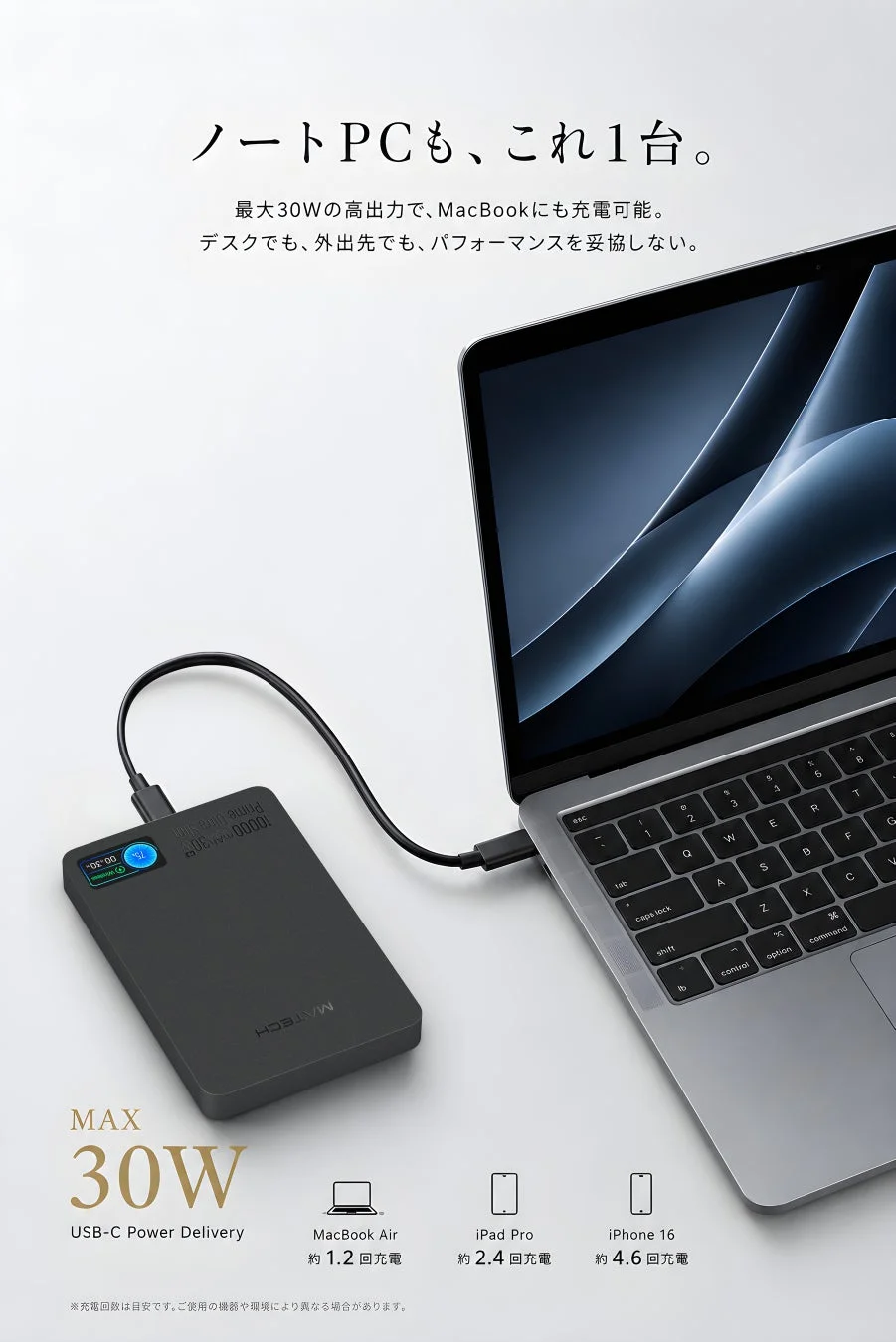 USB PD30W急速充電でノートPCも充電するイメージ